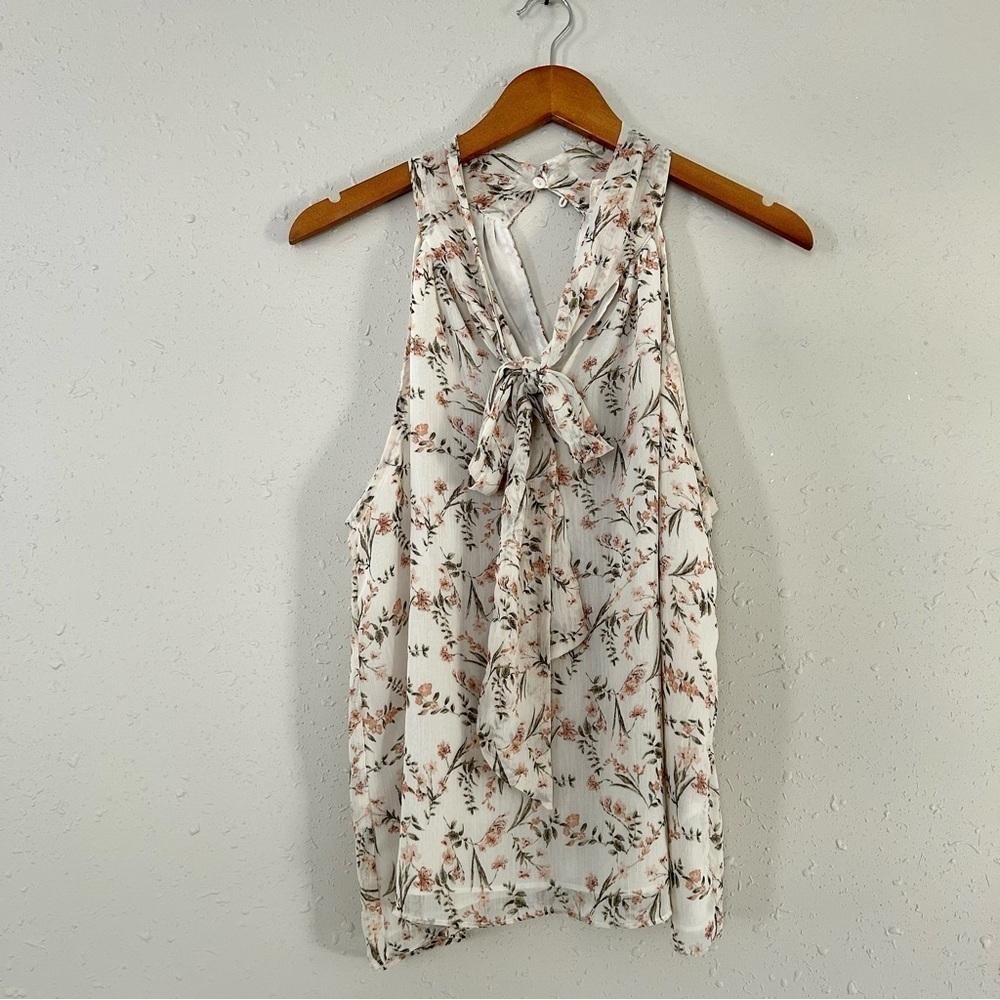 🦋 Reset By Jane Cream Floral Sleeveless Tie Neck Blouse Eleanor Top Large